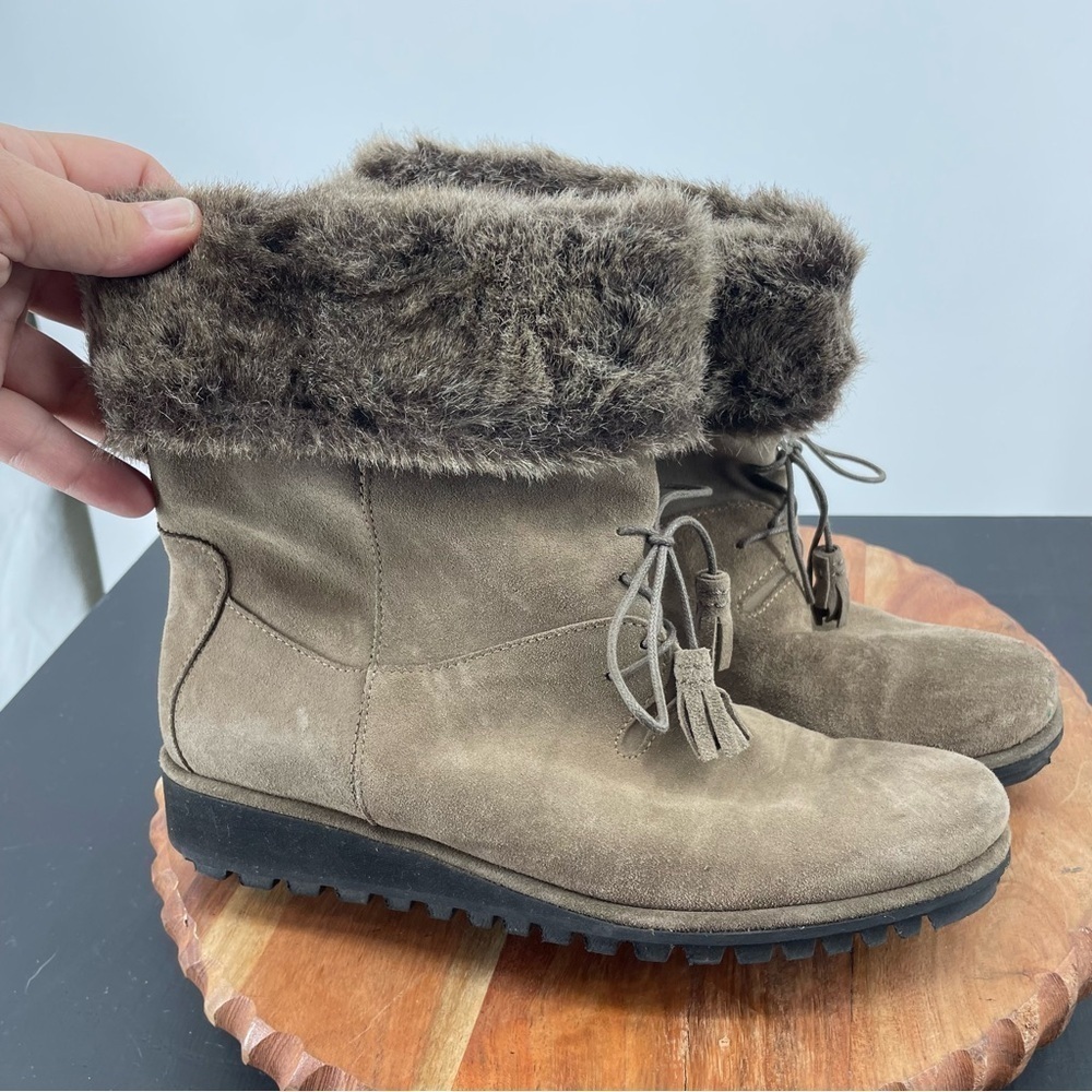 Stuart Weitzman Sockette Faux Fur Suede Boots Sz 7 taupe